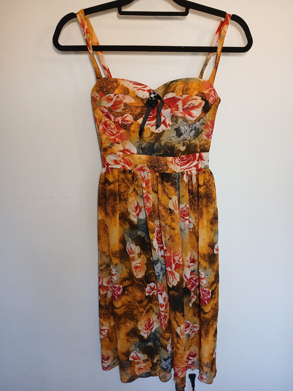 Floral Midi Dress in Mustard Yellow with Spaghetti Straps